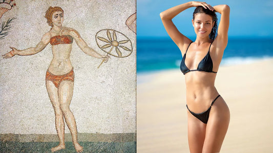 One of the earliest known images of a bikini, from the Ancient Roman Villa Romana del Casale (L); the modern bikini (R)Wikimedia Commons; Canva